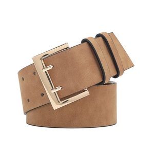 Solid Color Faux Leather Belt With Cold Tone Double
Pronged buckle.
